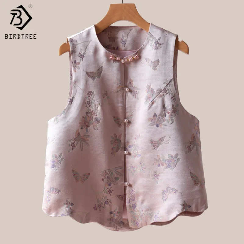 

Birdtree,100% Mulberry Silk Waistcoat,Women's Song Brocade Pink Vest,Single Breasted,Butterfly Print Tops,2025 New T5D432JF