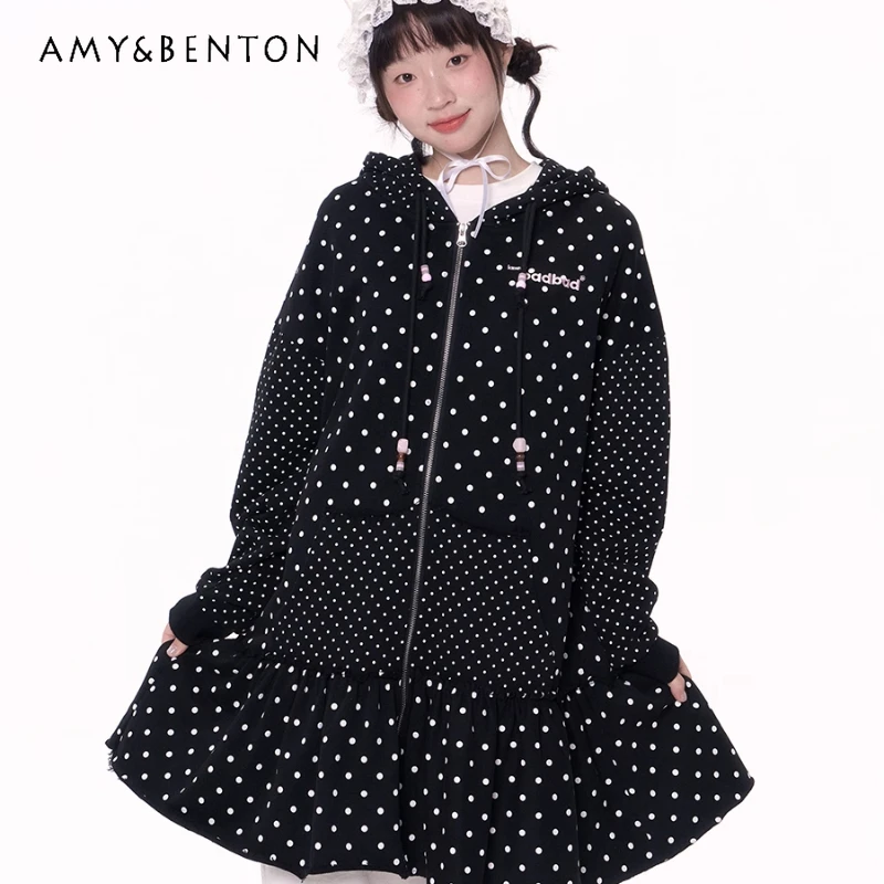 

Retro Design Black White Polka Dot Embroidery Beaded Women's Sweatshirt Dress Autumn New Loose Long Sleeve Coat Dresses Ladies
