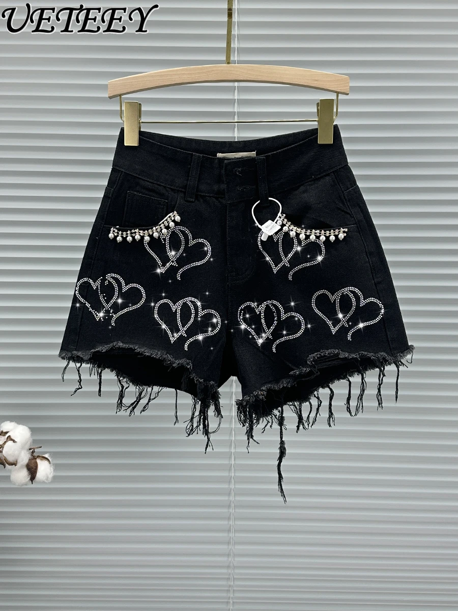 Hot Diamond Beaded Black Denim Shorts Women 2024 Summer and Autumn New High Waist Wide Leg Shorts Versatile Rough Edge Hot Pants