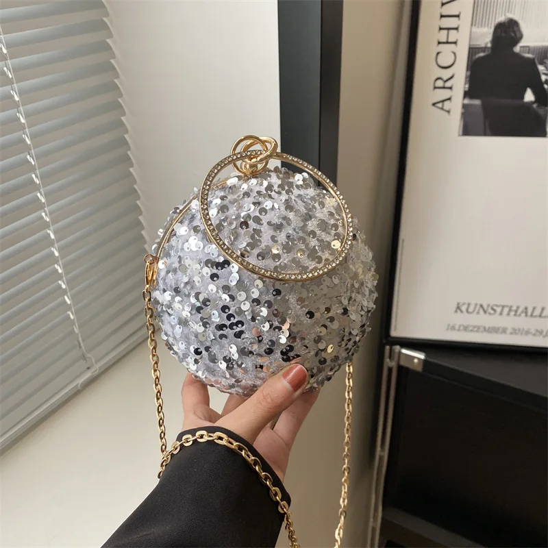 

2025 New Small Round Ball Sequin Clutches Dinner Evening Bags For Women Chain Shoulder Bag Crossbody Prom Party Handbags Purses