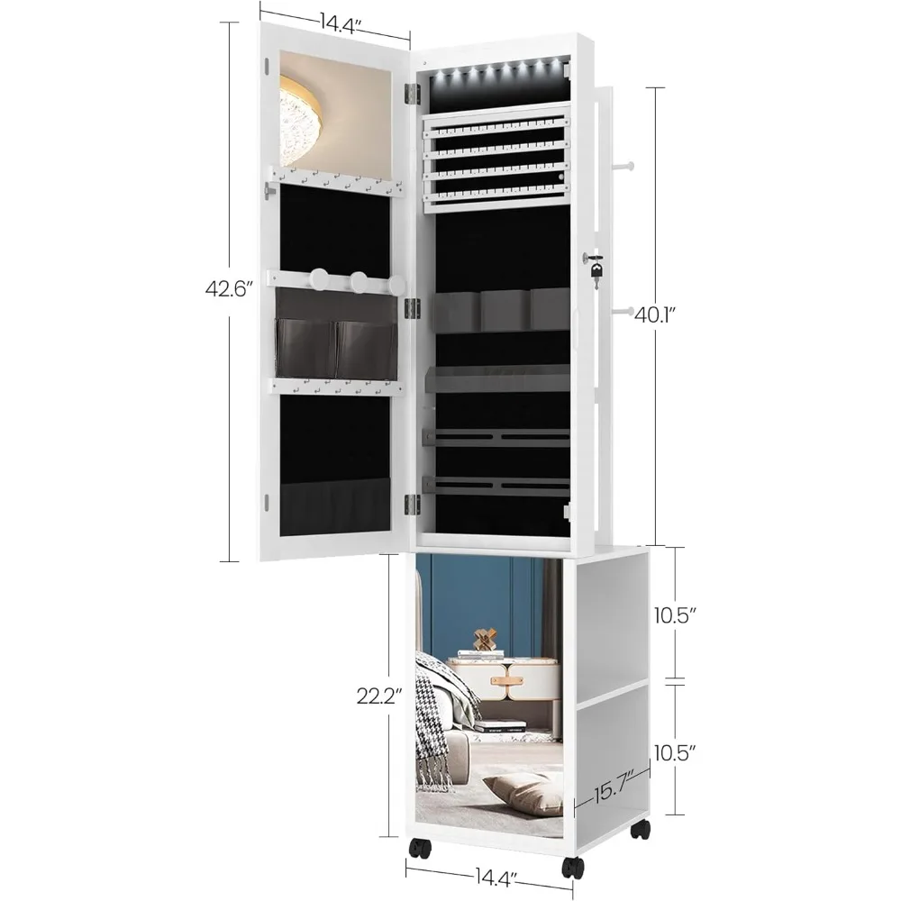 8 led jewelry cabinets, 64.8-inch jewelry organizer, lockable full-length mirror, 4 wheels, storage rack with hooks,5 in 1,white