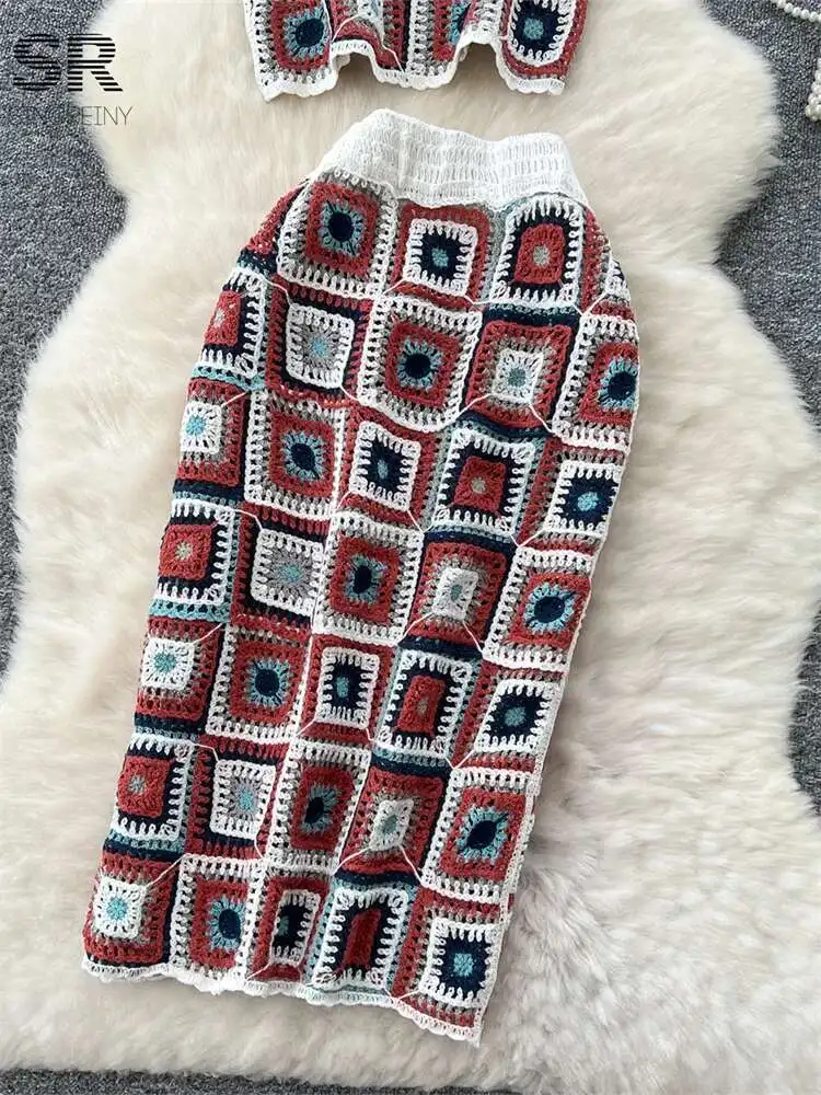 BabYoung Sexy Bohemian Two Piece Set Women Hook Flower Hollow Tank Top Bodycon Elastic Waist Skirt Summer Vacation Knitted Suit