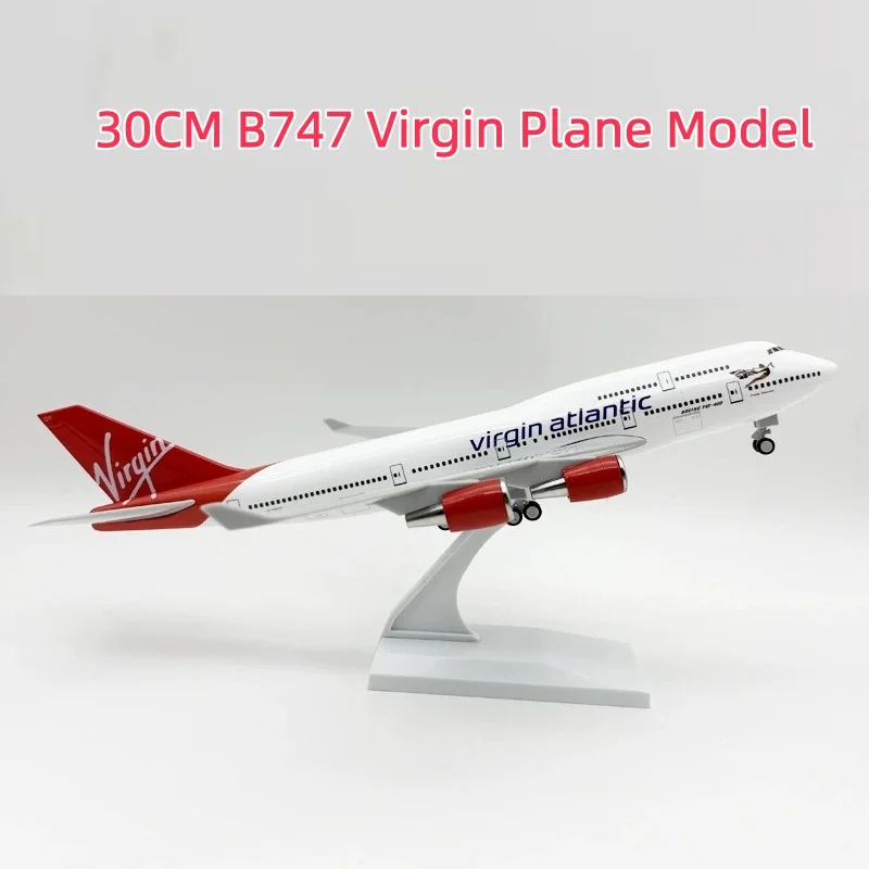 عرض بوتيك الديكور 30 سنتيمتر الخطوط الجوية الأطلسية العذراء B747 نموذج طائرة دييكاست الراتنج 1/250 مقياس لعبة الطائرات للأطفال