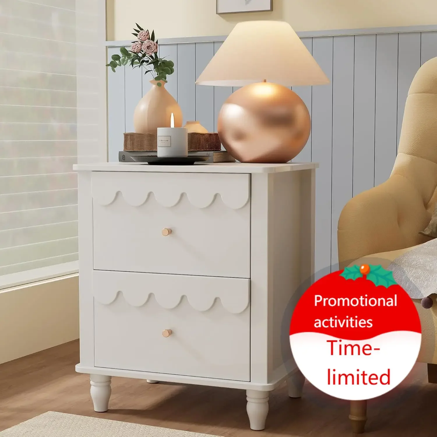 Wood Nightstand With Two Drawers Petal Pattern Scalloped Bedside Table Solid Legs