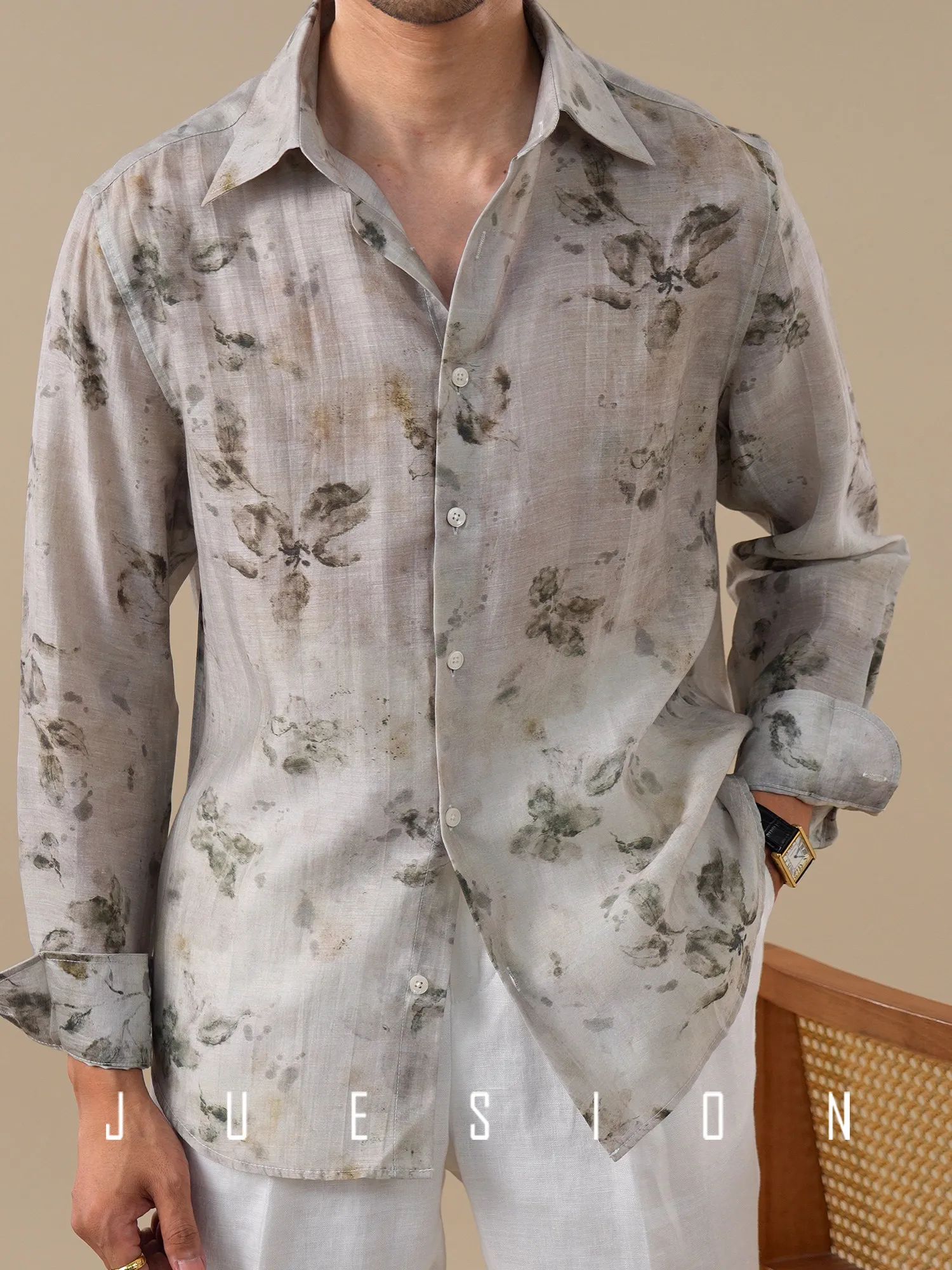 Summer cool Windsor collar long-sleeved shirt men's silky anti-wrinkle flower shirt