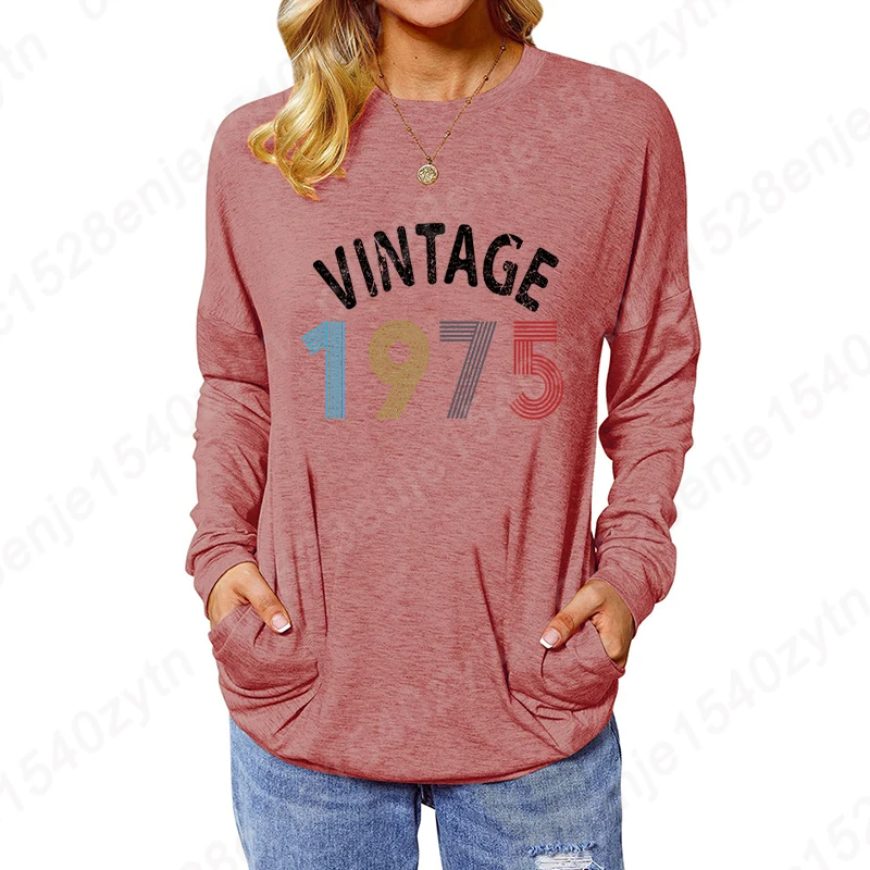 Birthday Gift Blouses Vintage 1975 Print Sweatshirts For Women Retro Birthday Casual Tops Long Sleeve Hot Selling Pullovers Tops