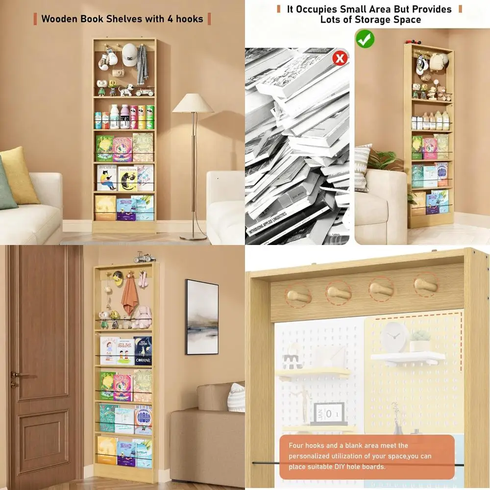 

5-Tier Wooden Door-Mounted Bookshelf Organizer for Kids, Space-Saving Storage with Hooks for Toys & Books (Oak)