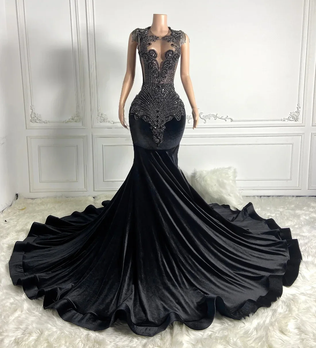 Luxury Women Long Prom Dresses For Black Girls Crystals Elegant Birthday Party Dresses African Evening Gown Robe De Customized