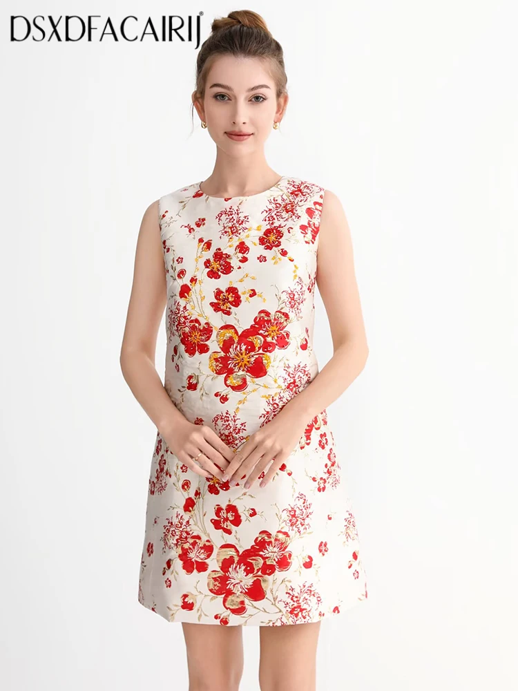 

DSXDFACAIRIJ Vintage O-Neck Sleeveless Vest Dress for Women Beaded Jacquard Summer Fashion Female