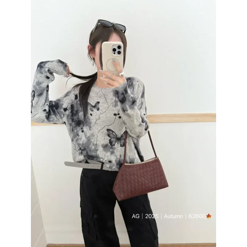 

Sweater Women Round Neck Pullover Fashion Autumn New Sweater Trend Ink Smued National Style Fine Wool Long-sleeved