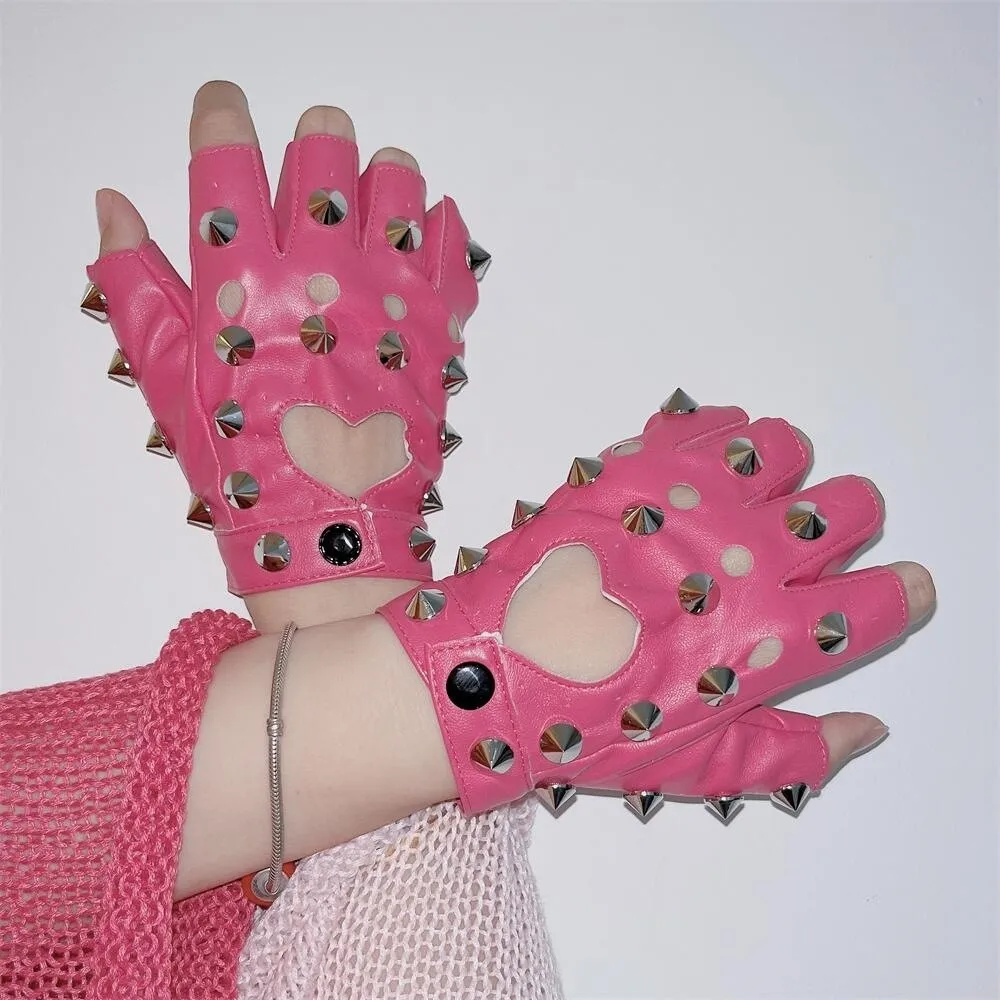 

Lolita Fingerless Rivet Gloves Leopard Print Hip-Pop Half-palm Gloves Y2K Gothic Patent Leather Gloves Disco Dancing