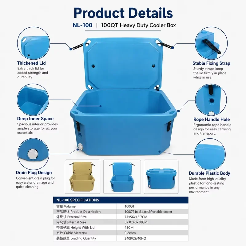 100L Rotomolded Reusable Refrigerator with PU Foam Drainage Holes Customizable Logo for Food and Canned Cold Chain