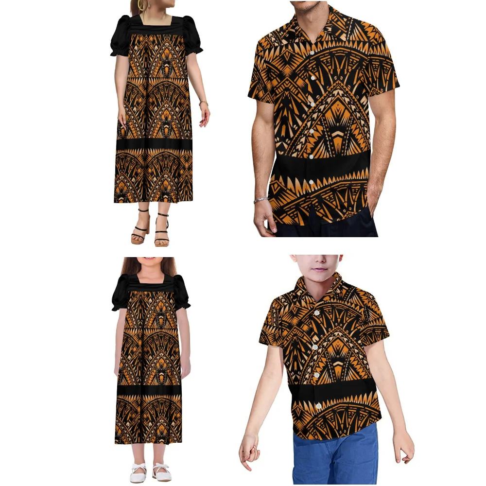 

Summer Custom-Made Polynesian Mother-Daughter Mumu Long Dress And Father-Son Shirt Fashionable Short-Sleeved Set