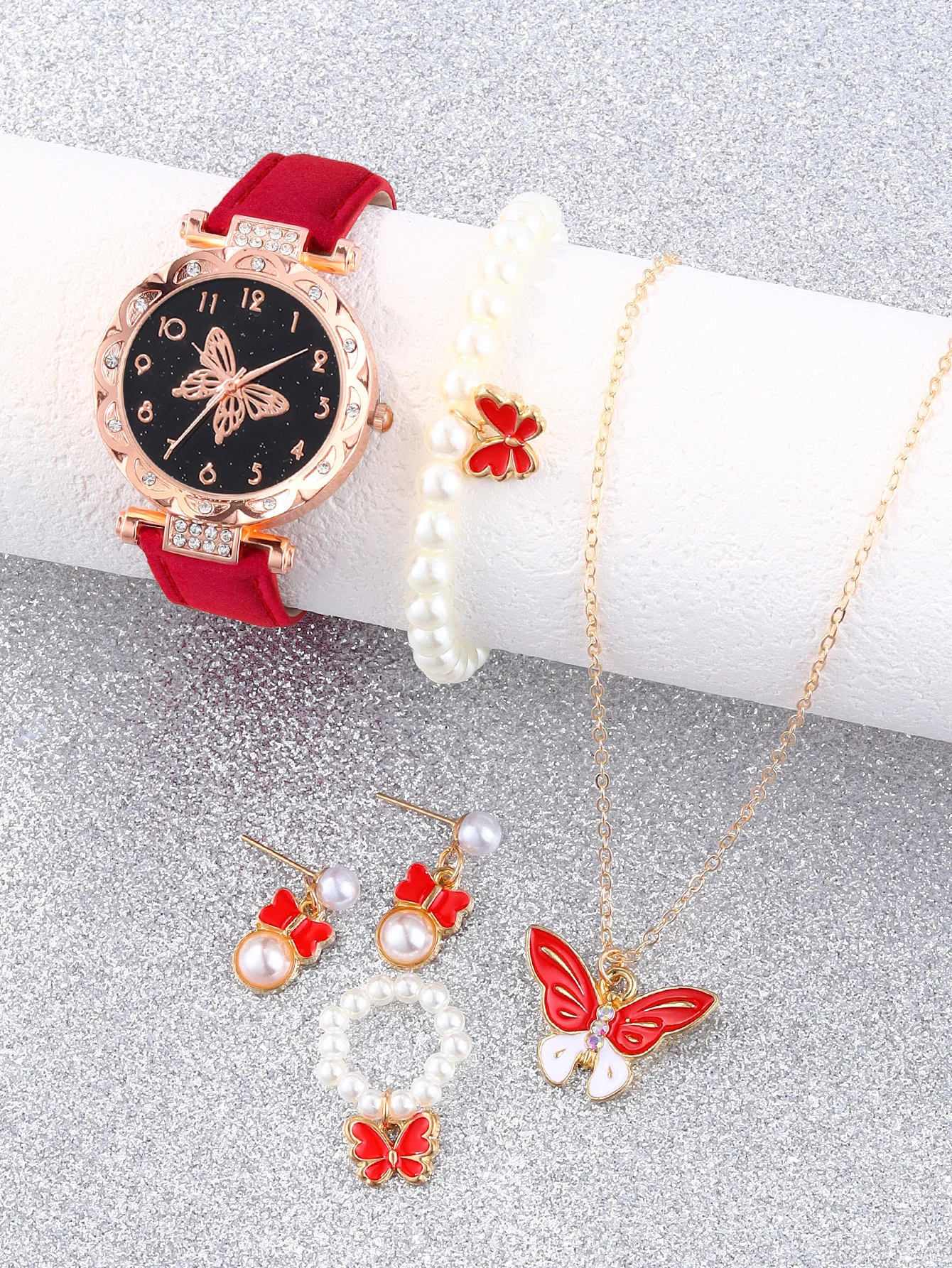 Fashion red lace Large Butterfly ladies quartz watch with beaded butterfly necklace set gift