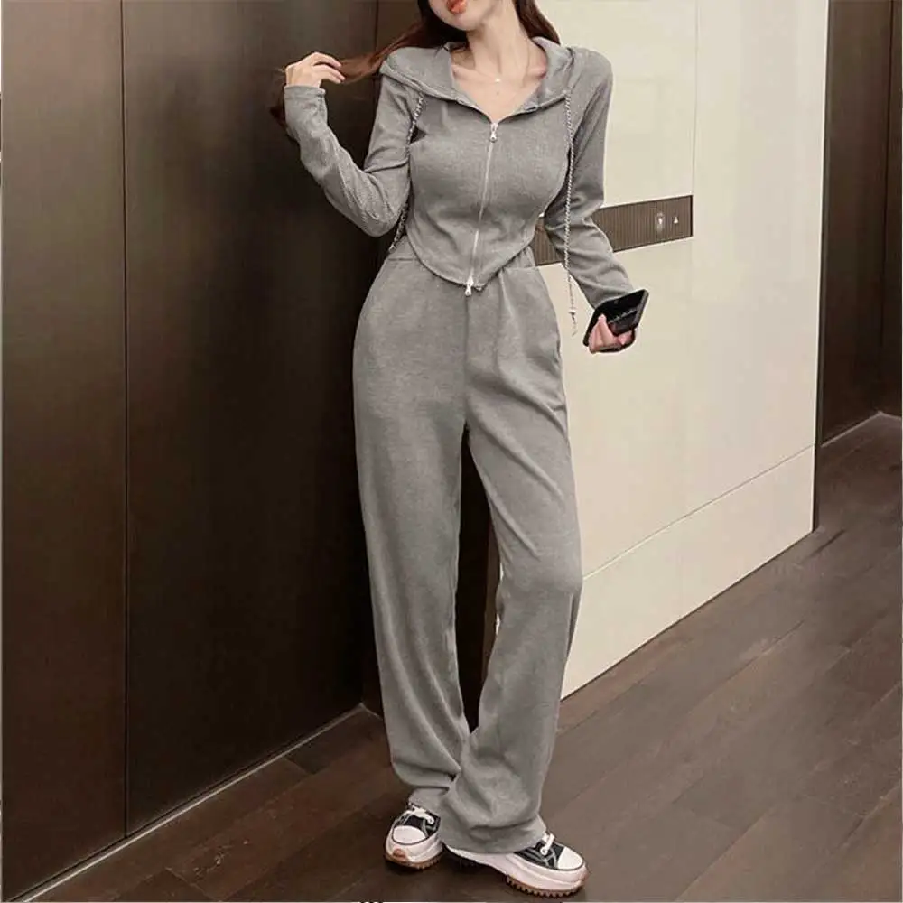 

Wide-leg Pants Two-piece Set For Women 2023 Autumn New Long Sleeve Cardigan Zipper Hoodie High Waist Casual Long Sleeve Sports