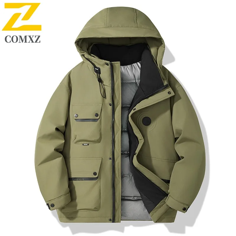 

COMXZ 2025 Men Down Jacket Hooded Outdoor Travel Cold Protection Puffer Jacket Hiking Autumn Winter Lightweight Padded Jackets