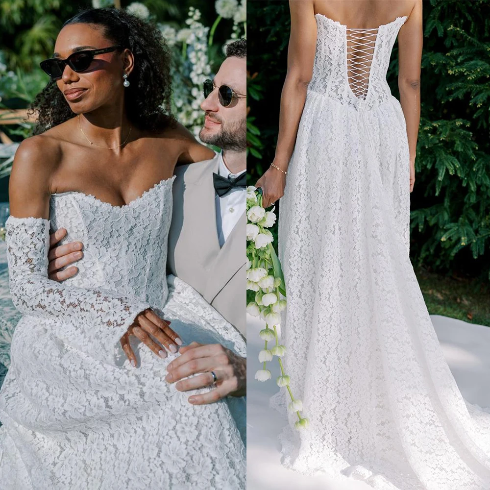 Long Sleeves Lace Strapless Wedding Dress Drop Low Basque Waist Modern Corset Sweetheart Boned Bodice Lacing Ivory Bridal Gowns
