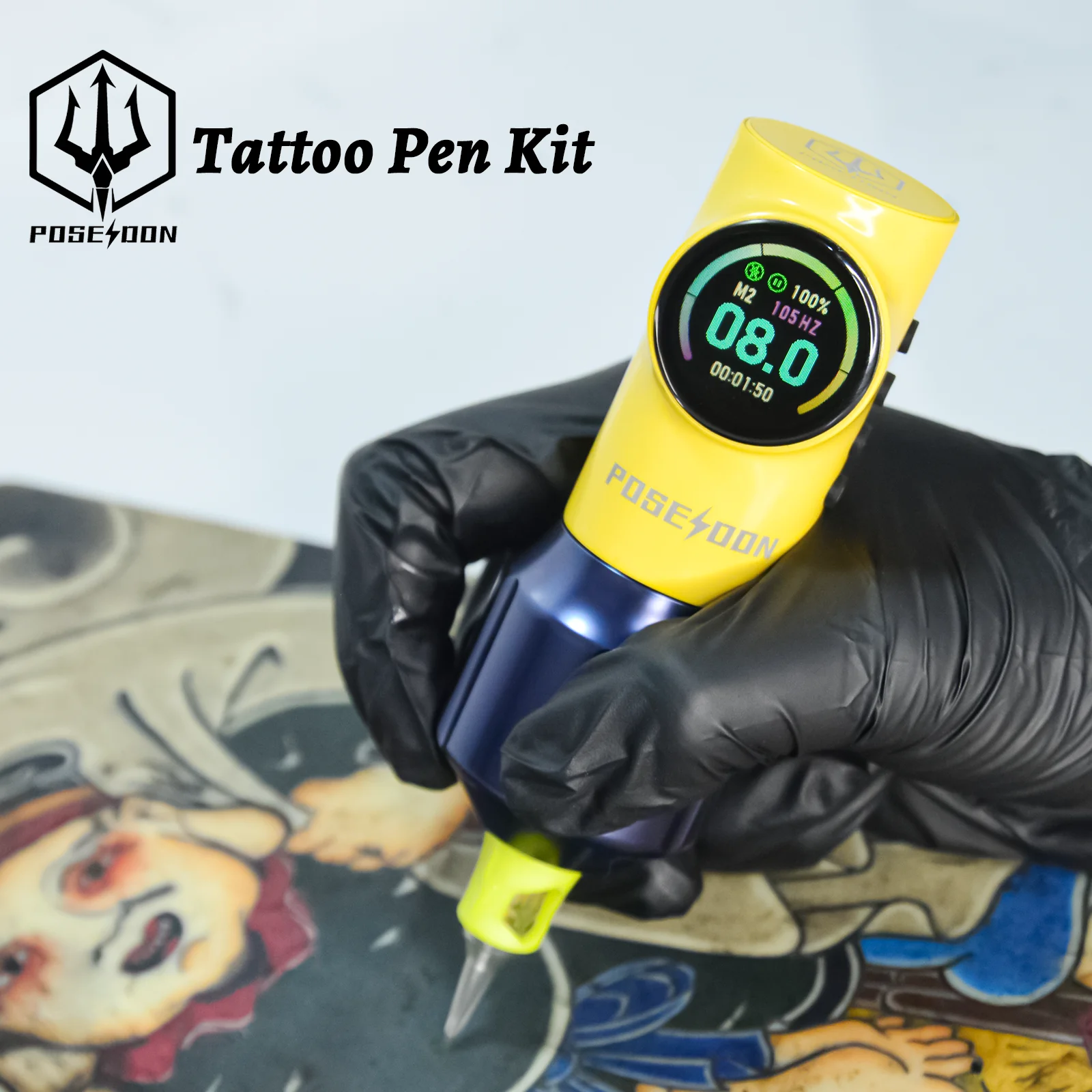 Tattoo Kit POSEIDON Yellow Tattoo Pen Kit For Permanent Makeup Tattoo Machine Kit Hot New Tattoo Power Supply Tattoo Gun Kit