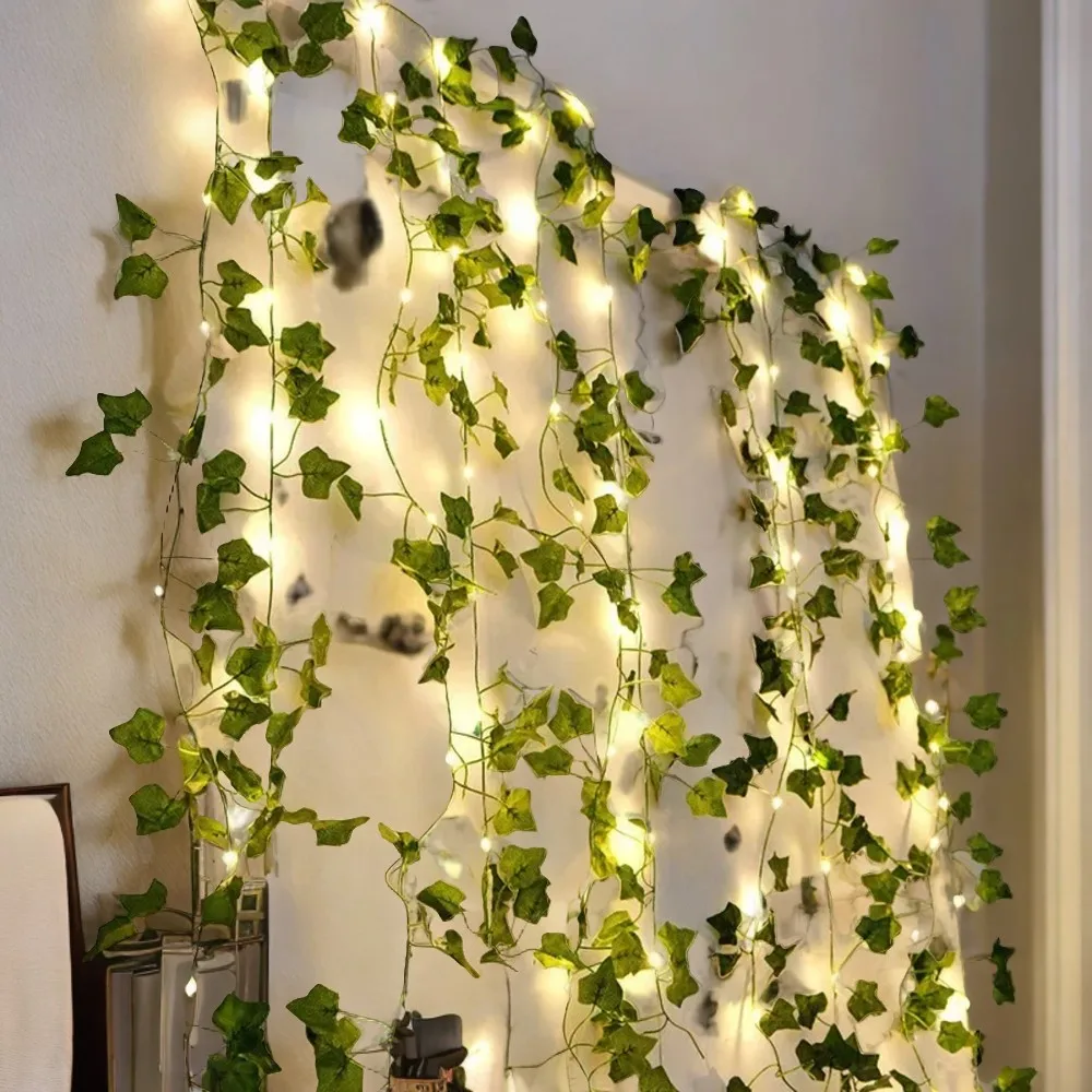 Elegant Battery Powered Green Leaf Flower String Lights - Exquisite Artificial Vine Fairy Lights for Home and Wedding Decoration