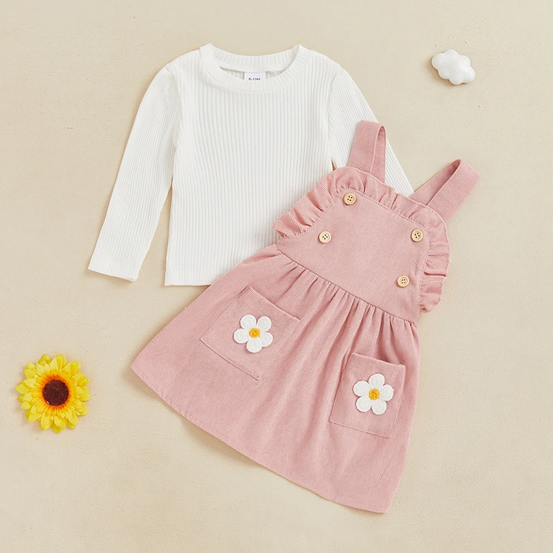 Little Girl Fall Outfit Long Sleeve Ribbed Tops Ruffle Trim 3D Flower Suspender Skirt with Front Pockets 2 Piece Set