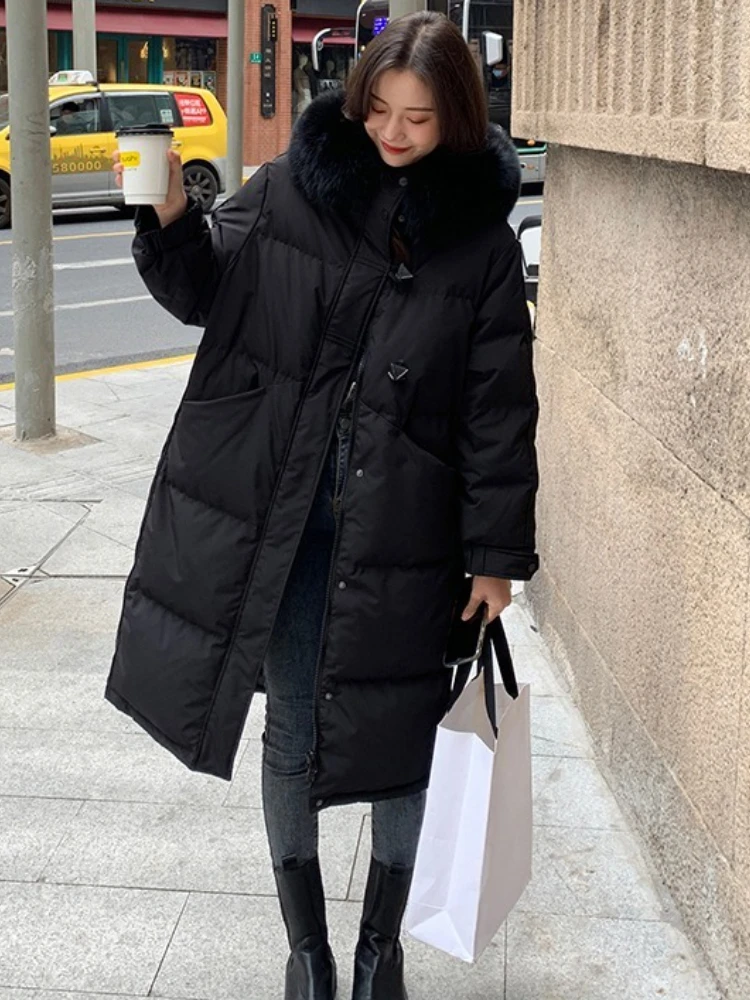 Kurtka puchowa casualowa na jesień i zimę 2025, nowa, w stylu koreańskim, z dużym futrzanym kołnierzem, z kapturem, ciepła, gruba, ocieplana parka.