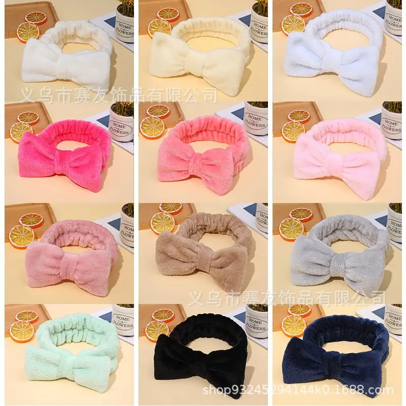 

Coral Fleece Headband with Bowknot Design Soft Elastic Hair Band for Women Girls Gentle Makeup Face Washing Bath Turban