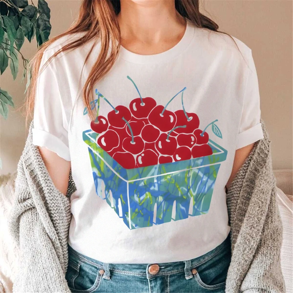 Camiseta gráfica cereja cesta camiseta premium algodão de alta qualidade oversize colorido camiseta vermelho cerejas impressão fresco estilo y2k