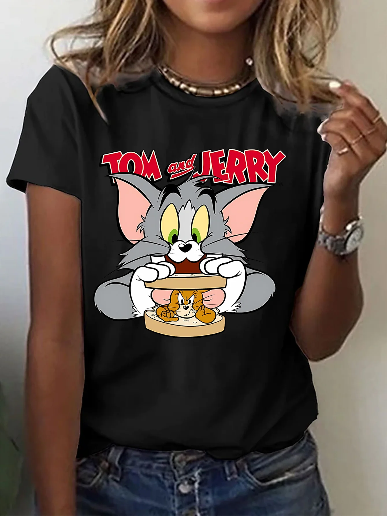 

Women's Tom and Jerry Print T-Shirt Short Sleeve Cotton Tees Cartoon Tom and Jerry Y2k Tops Women T-shirt Brand Summer Clothing