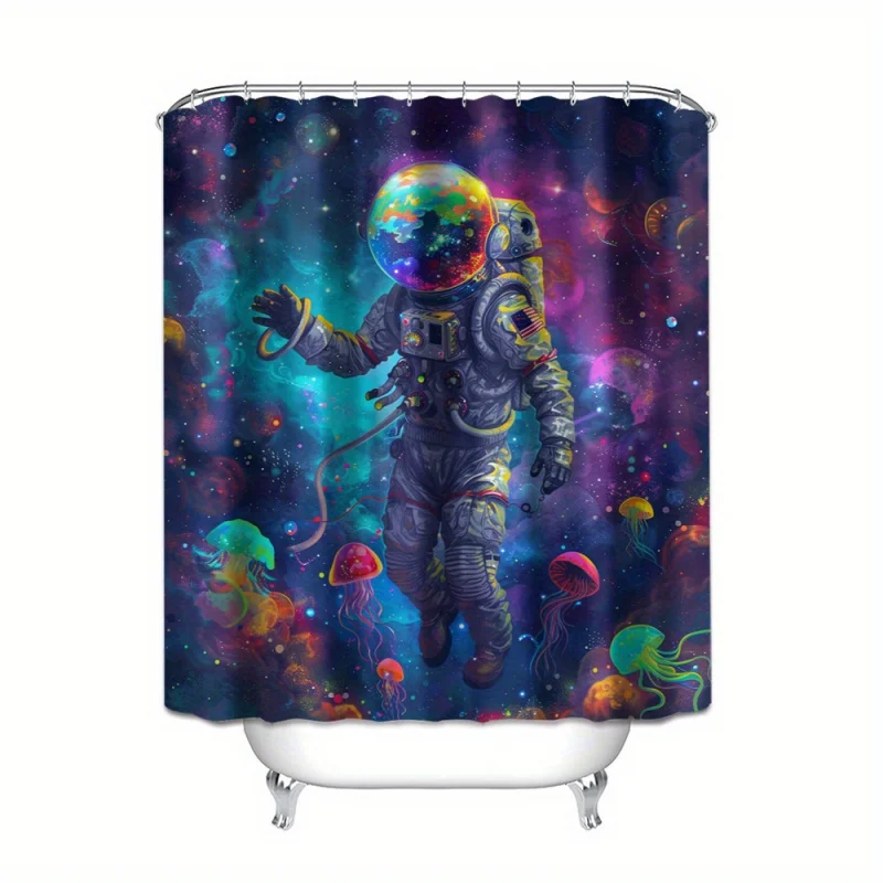 Colorful Astronaut 3D Print Shower Curtain Set - Waterproof, No-Drill Installation with Hooks Included, Machine Washable Polyest