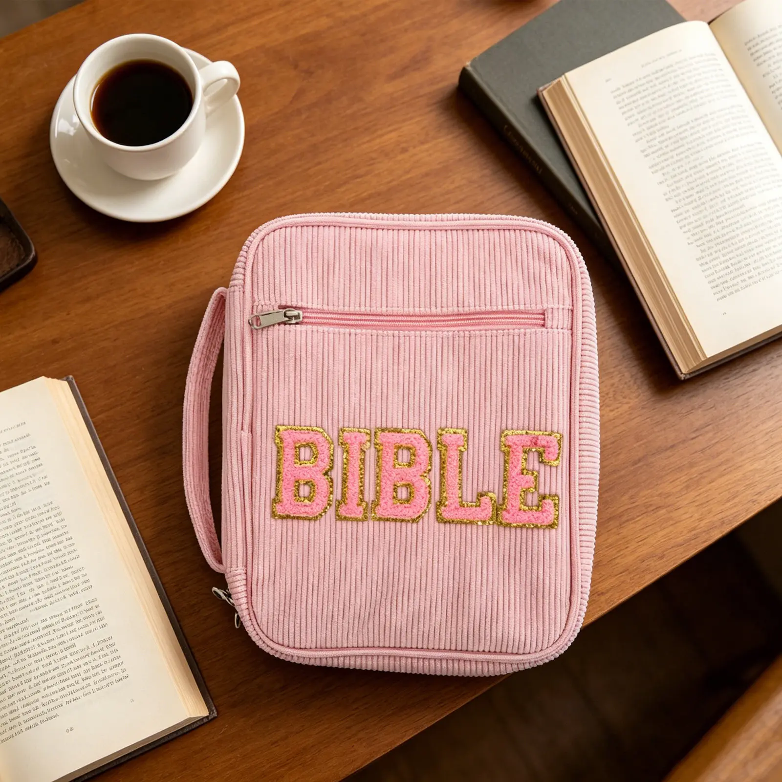 Bible Carrying Case Pink Church Bible Bag with Handle Protective Cover Handheld Script Storage Tote Zippered Pocket Pen Slots