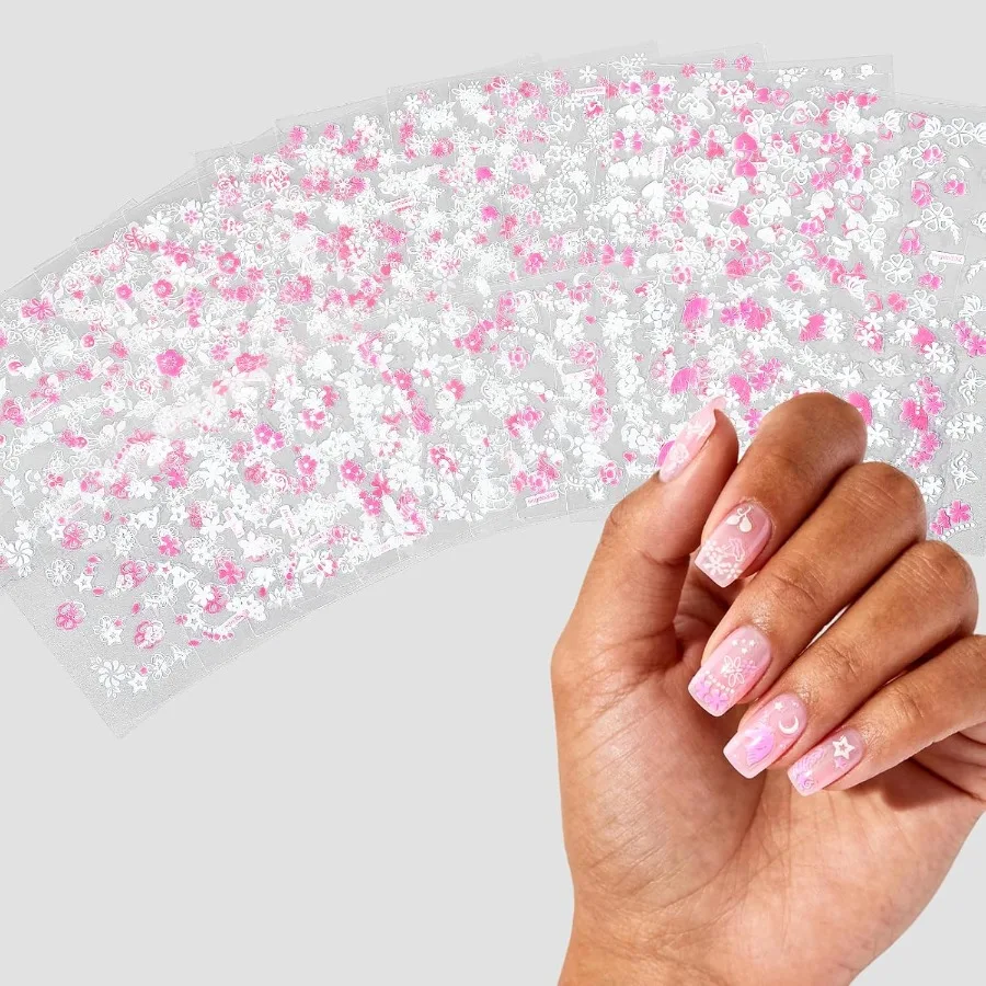 30 hojas de calcomanías florales autoadhesivas 3D para uñas para mujeres y niñas, suministros de decoración de uñas DIY, pegatinas para uñas con diseño de margaritas y rosas y blancas