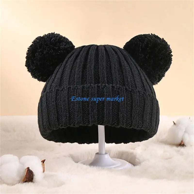 

090B Infant Beanie with Double Pom Poms Autumn Winter Baby Hat Adjustable Children Solid Color Knitted Hat for Babies