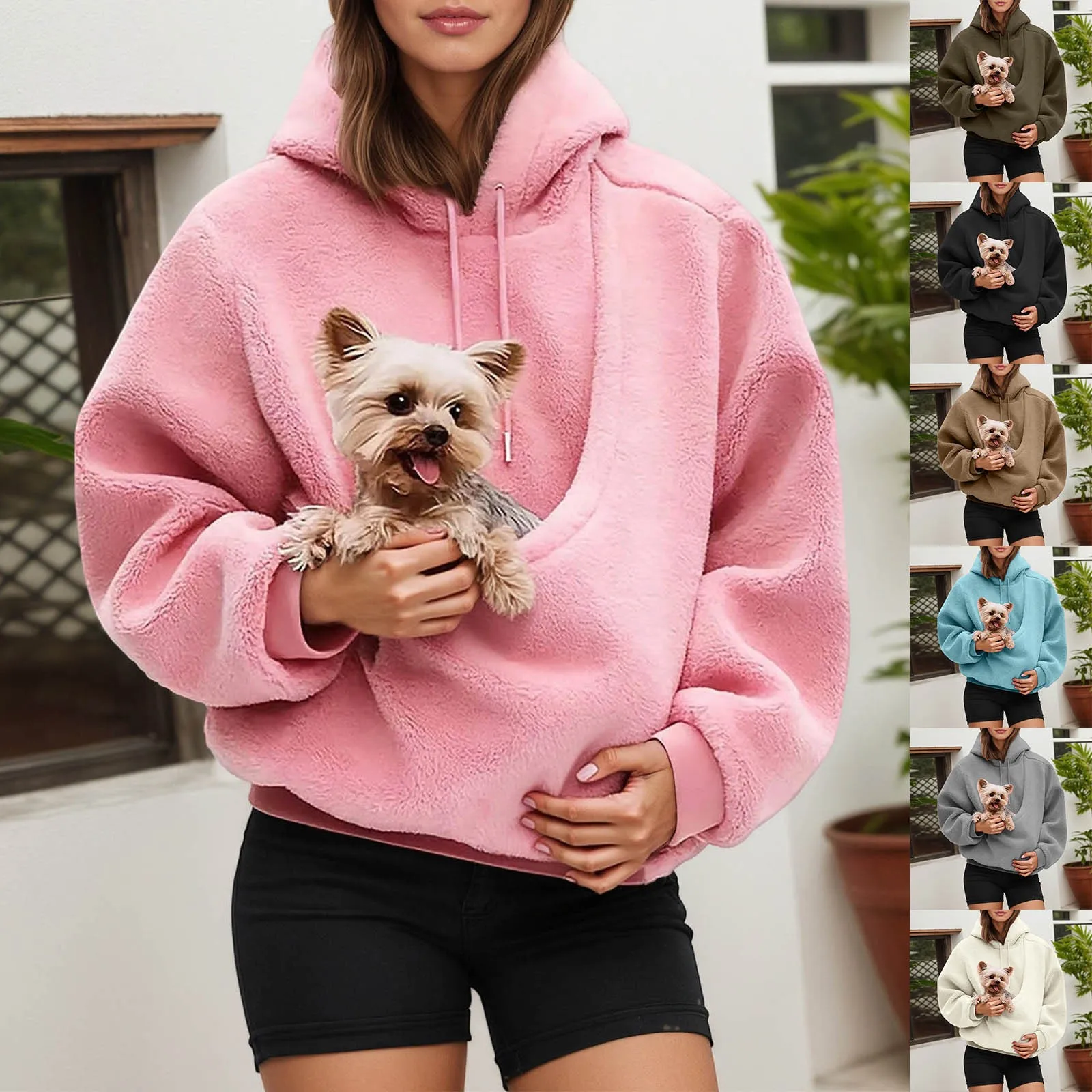 Sweat-shirt à capuche en polaire pour femme, décontracté, sac pour animaux de compagnie, couleur unie, porte-poche pour chat et chien, sport, automne hiver