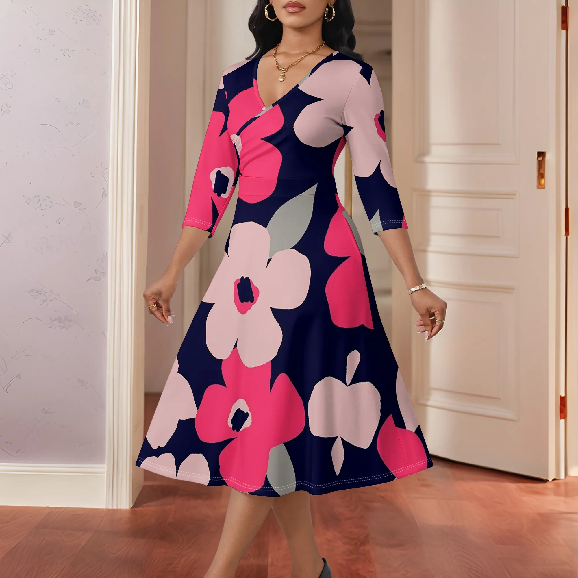 

Floral Print V-Neck A-Line Midi Dress Women Elegant Three Quarter Sleeve High Waist Party Home Dress 2025