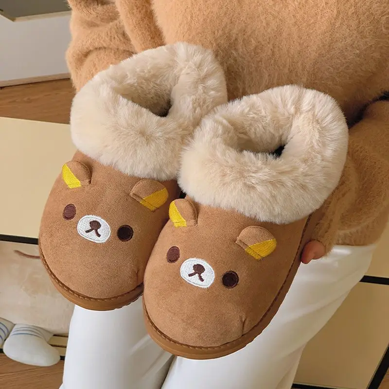 

Kawaii Cartoon Rilakkuma Cotton Slippers for Women Winter Anti Slip Plush Warm Indoor Cotton Heels Snow Boots Girls Gifts Toys