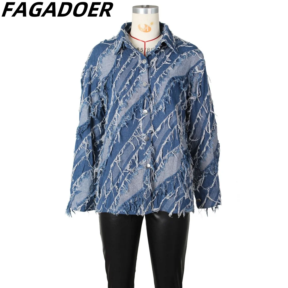 FAGADOER Fashion Street Style Women Tassel Button Long Sleeve Denim Shirts Autumn Casual Female Loose Cowboy Jacket Tops 2023