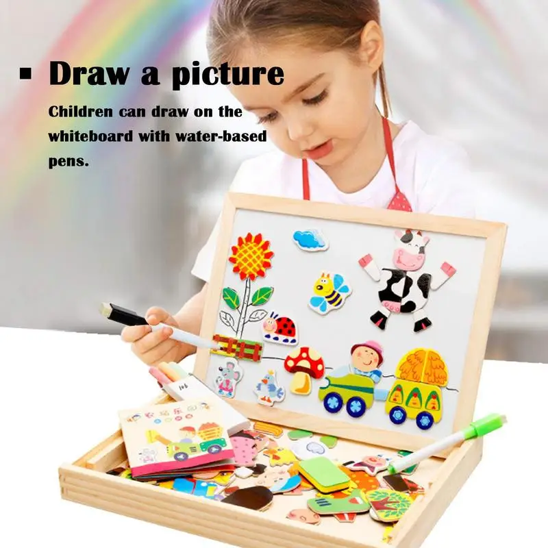 Wooden Puzzle Toys Magnetic Farm Puzzle Board Portable Cartoon Learning Toys Children Puzzle Toys For Hand-Eye Coordination