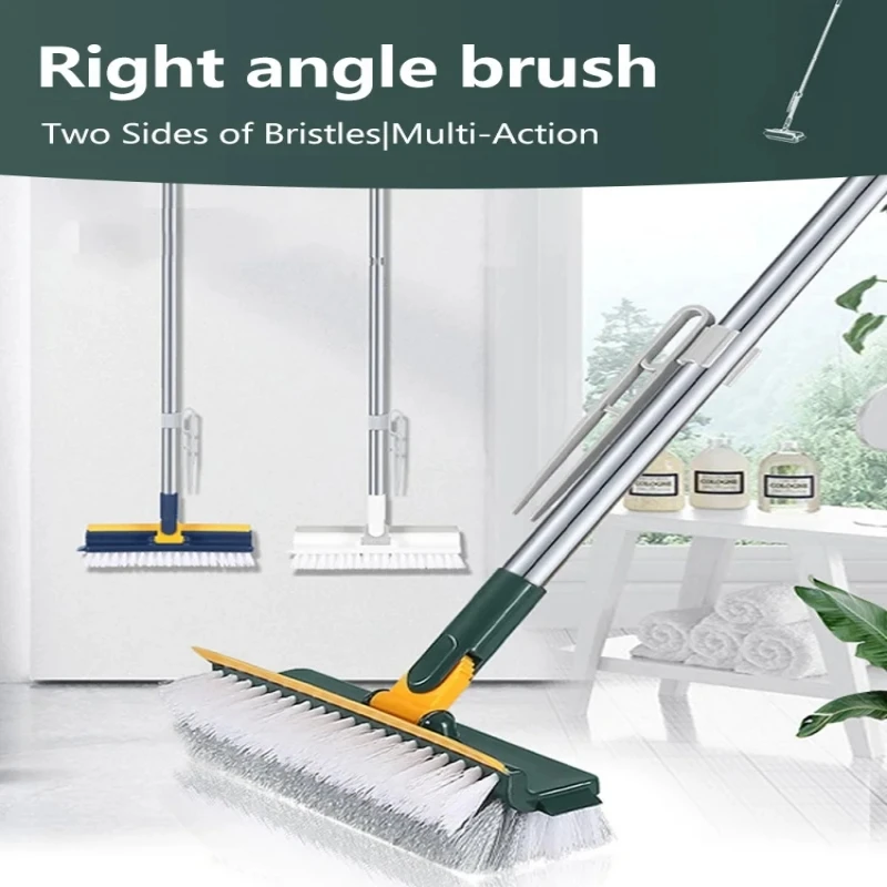 Rotating Floor Scrub Brush Long Handle Windows Squeegee Stiff Bristle Broom Mop 2In1 for Bathroom Kitchen Floor Crevice Cleaning