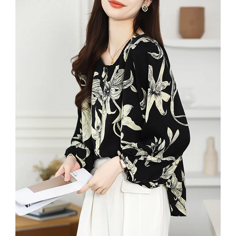 Women Korean Version O-neck Long Sleeve Chiffon Shirt Spring Summer Fashion Elegant Floral Print Blouses Casual Loose Button Top