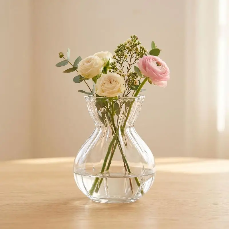Clear Glass Flower Vase with Elegant Ribbed Design Thick Durable Structure for Mothers Day Gift Floral Display