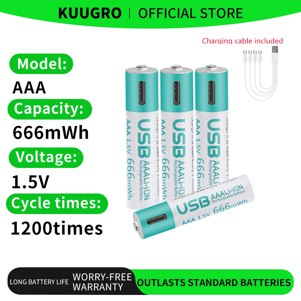 Kuugro USB 1.5V AAA Rechargeable Lithium ion Batteries 666mW
