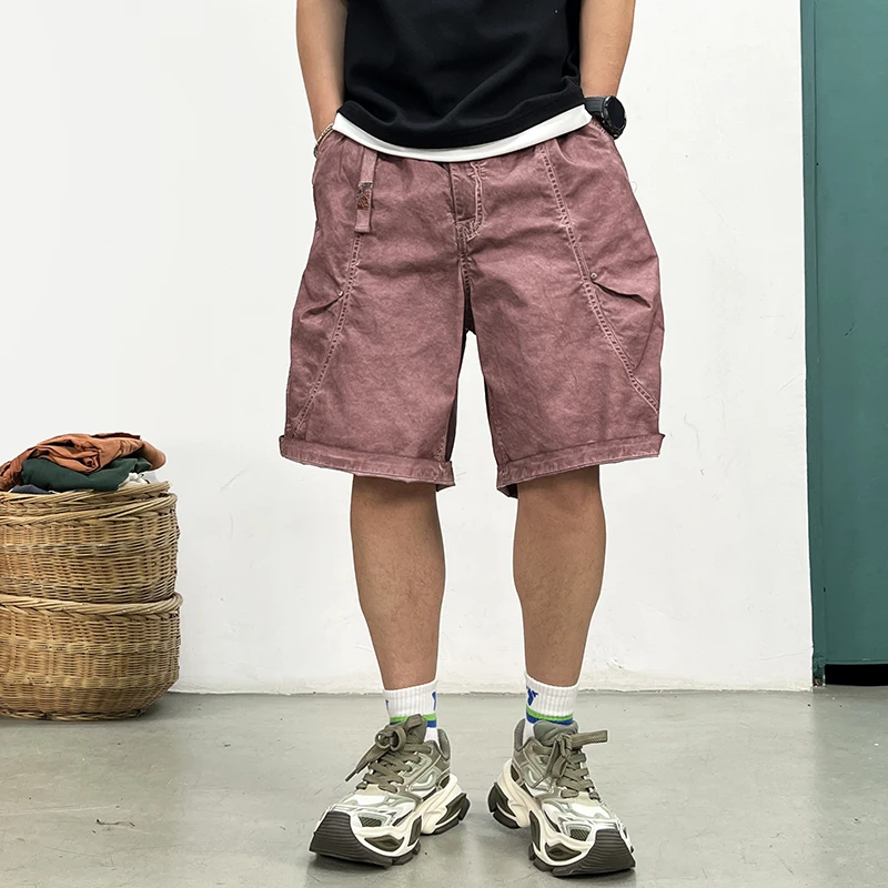 Cargo Shorts Men Summer Distressed Washed Loose Fit Straight Leg Mid-Length Heavyweight Cotton Khaki Casual Streetwear Trendy
