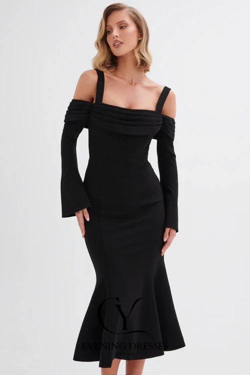 CUYUN-vestidos Midi de sirena negros para mujer, vestidos con hombros descubiertos y tirantes, vestido de fiesta largo hasta el té, vestidos formales de banquete personalizados