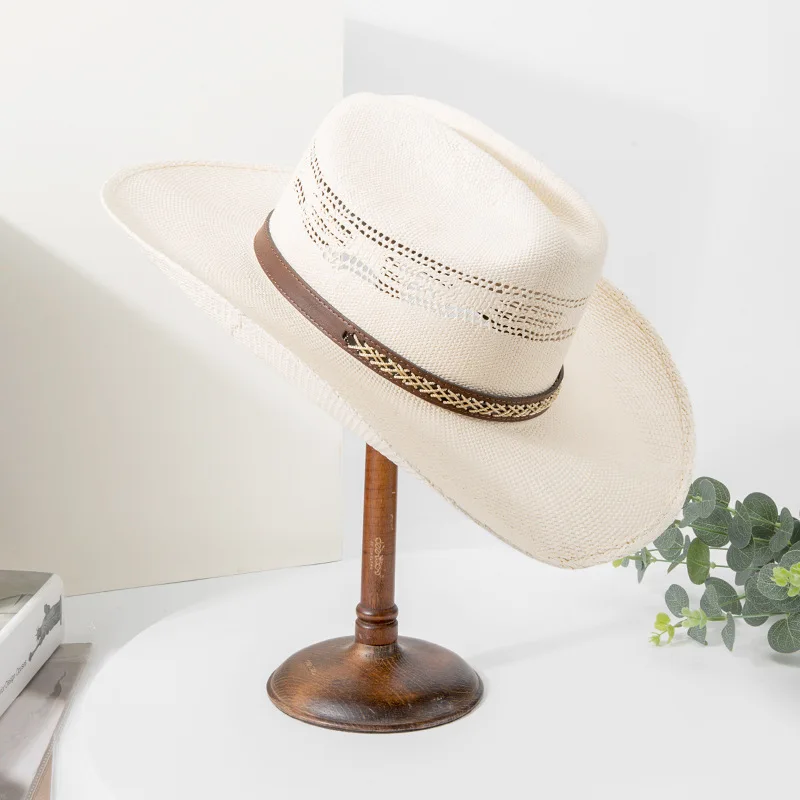 2025 Western Cowboy Hat with Braided Raffia Band, Handwoven Cavalier Style Trilby for Men Women Summer Vintage Leather Accent