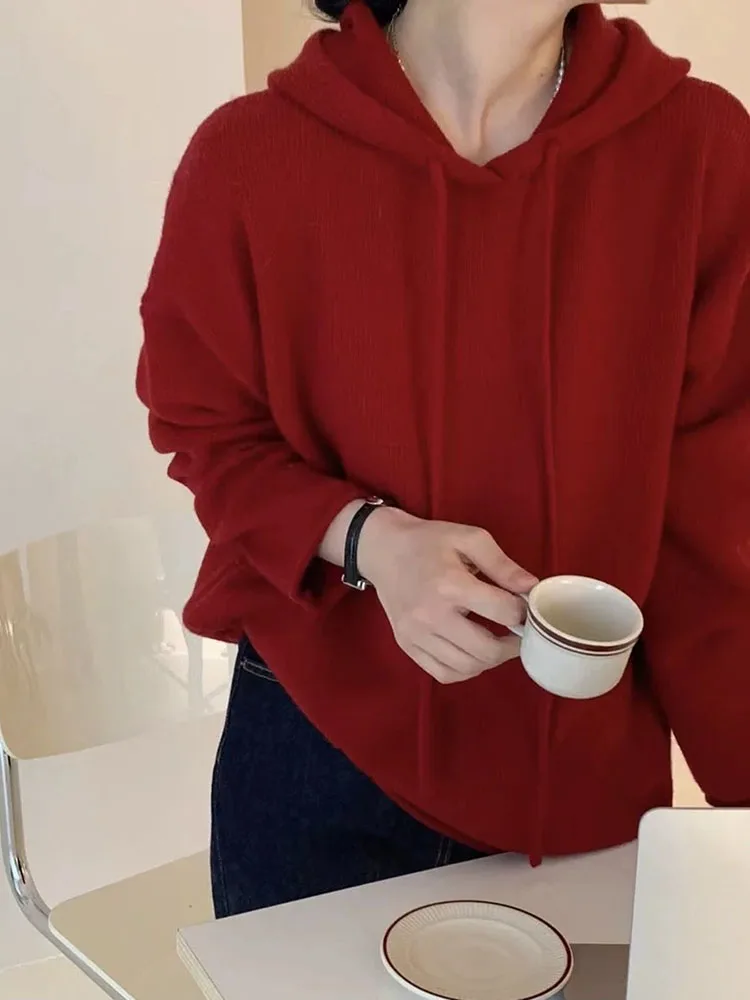 

Retro cherry red hooded 100% pure cashmere sweater women lazy wind loose casual sweater fashion knitted sweater