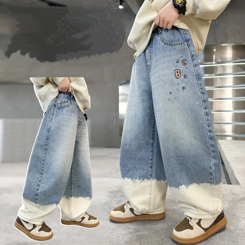 Children Fashion Spring Jeans with Color Blocking for Teenager Boys Casual Trousers School Kids Hip Hop Street Denim Pants 4-14Y