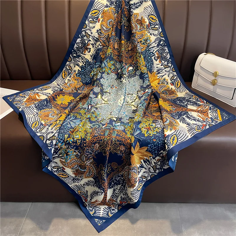 Korean Print Scarves Women Soft 90X90cm Square Silk Scarf Fashion Shawl Hijab Foulard Ribbon Hairband Headband Neckerchief Mom G