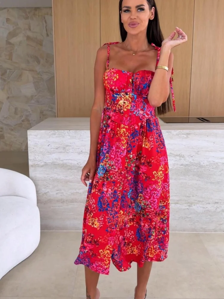 Vestido de noche largo informal elegante con estampado de tirantes para mujer sin mangas a la moda de verano