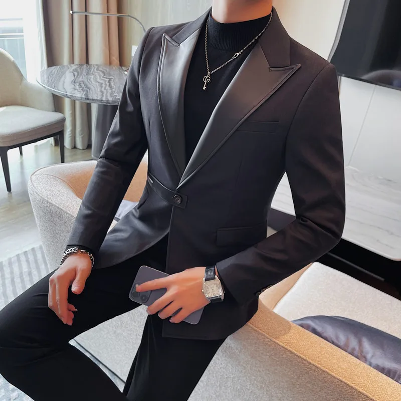 

PU Splicing Closure-collar Blazers Men Belt Single Buckle Casual Business Suit Jackets Social Banquet Tuxedo Coat Men Clothing