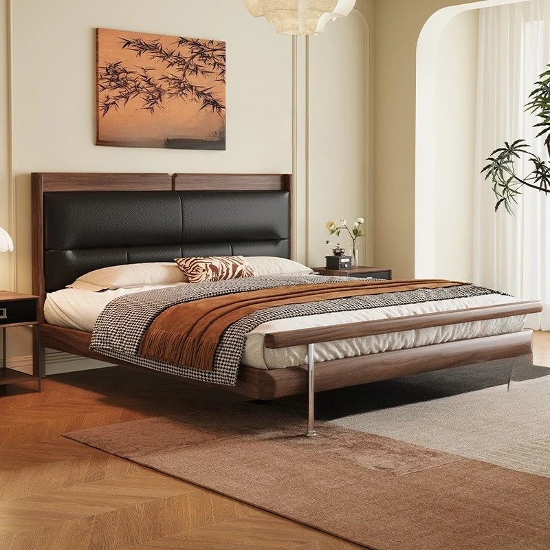 North American black walnut all solid wood bed master bedroom Bauhaus high-end simple leather soft bag medium and antique